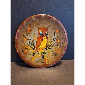 Wooden Decorative Plate Hand Painted of an Owl Handarbeit Germany Vintage 6"wide